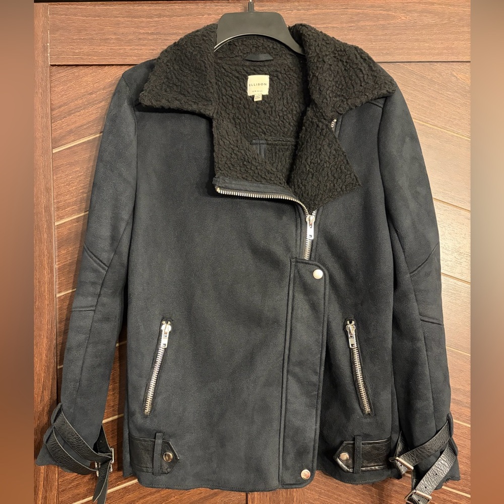 Ellison sueded Sherpa lined black motorcycle jacket with belting and zip detail